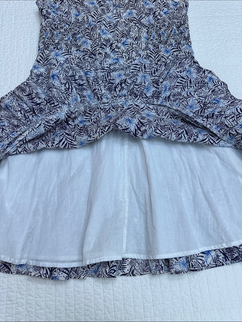 Karen Millen US 12 White A-Line Smocked Dress Navy Light Blue Botanical Print - Picture 5 of 10